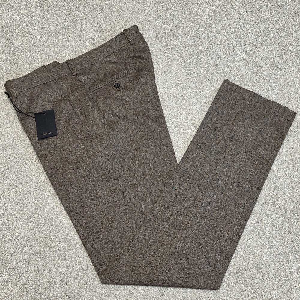 Billy Reid Flat Front Brown Herringbone Dress Pants Trousers 34 NWT Unhemmed
